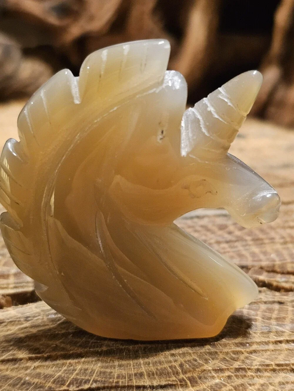 Carved Agate Unicorn Head Figurine in Semi-Translucent Beige With Druzy Crystal